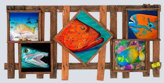 "Reef Dwellers with 5 Ceramic Tiles in a Full Lobster Trap Lid"