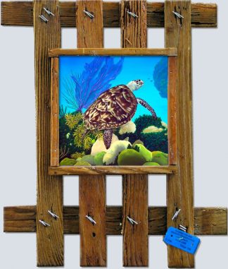 turtle on a reef placed on a ceramic tile framed in a lobster trap lid frame