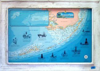 “Lighthouses Of The Florida Keys” Large in Double Slat White Wash Lobster Trap Frame