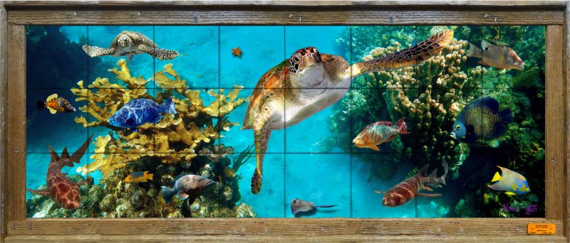 lobster wood framed ceramic tile mural with turtles, fish and corals