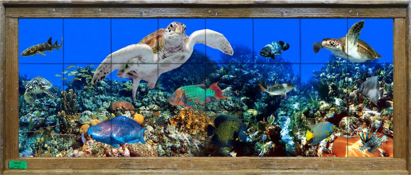 ceramic tile mural lobster trap framed with turtles, shark, grouper, and other tropical fish on a coral reef