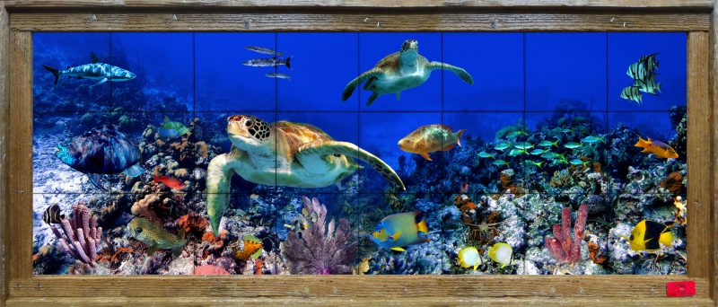colorful reef tile mural with two turtles and many tropical fish