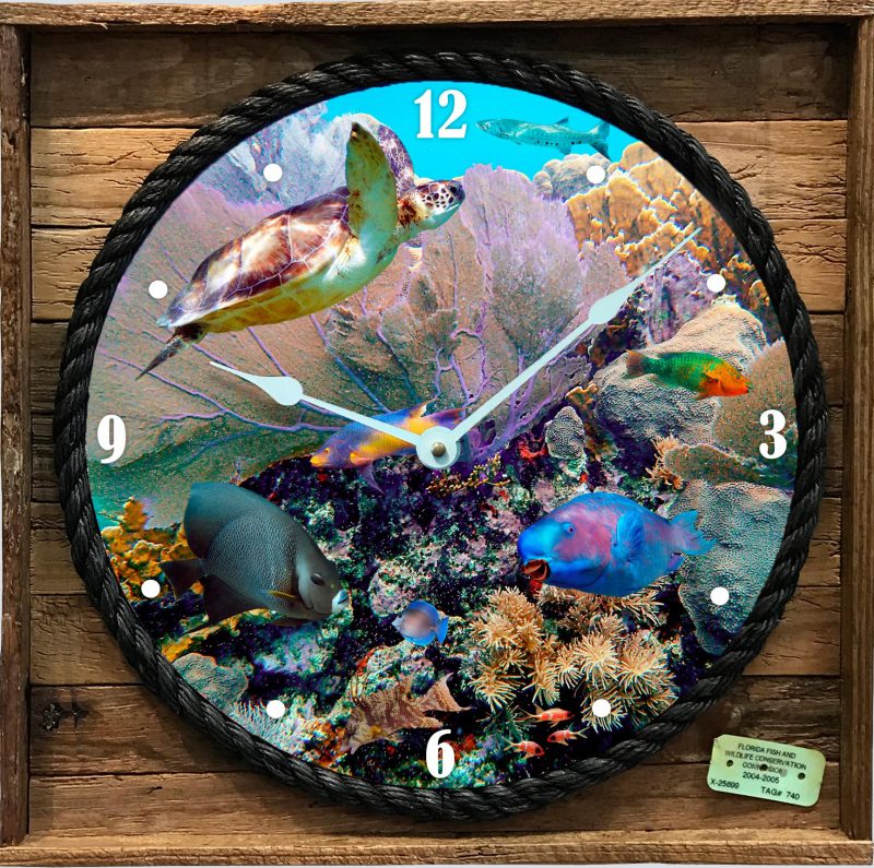 Framed Clock Named "Fans and Fishes" in a Lobster Trap Frame