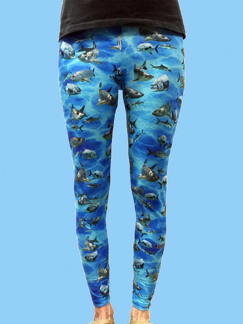 ladies leggings with tarpon, bonefish, and permit to create the grand slam on a blue ocean background