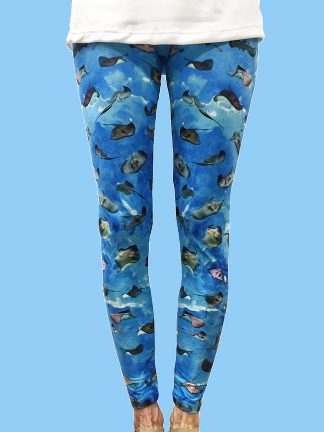 unique women's leggings with an ocean background with numerous southern stingrays photographed