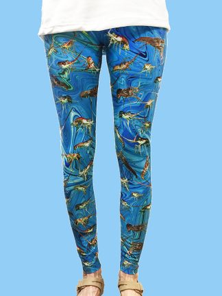 unique women's leggings with an ocean swirl background with numerous lobster photos