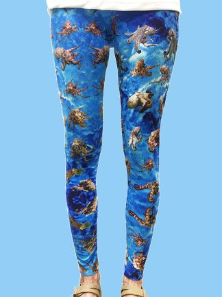ladies leggings with blue ocean background and numerous octopus underwater photos