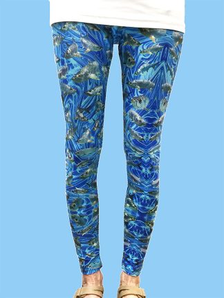 unique women's leggings with a dark blue ocean background with numerous tarpon fish
