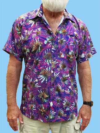 men's dress shirt with many different pictures of lionfish with a purple swirl ocean background