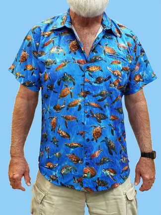 men's dress shirt with many varieties and different photos of turtles on a blue ocean background
