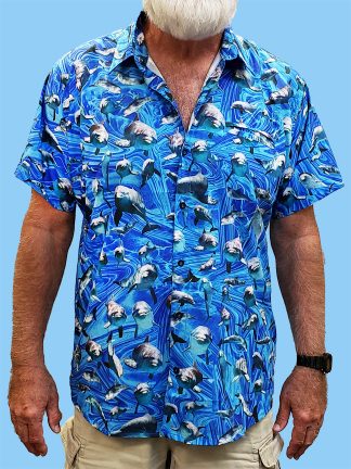 Men's dress shirt with many pictures of Dolphin with an blue ocean swirl background