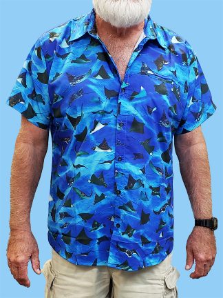 Men's dress shirt with many different Eagle Rays pictured on a blue ocean background