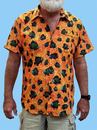 Men's dress shirt with many french angelfish all over the shirt on an orange swirl background