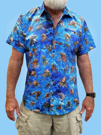 men's dress shirt with many large octopus pictures all over the shirt with a light blue ocean background