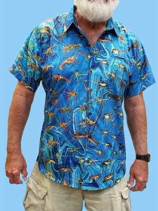 Men's dress shirt with lots of Caribbean lobster with a blue background