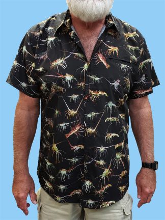 Men's dress shirt in black with many different lobster pictures over the entire shirt