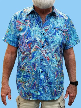 men's dress shirt with a multi colored ocean swirl design with a primary blue background