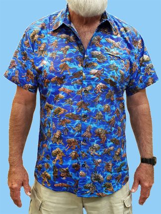 Men's dress shirt with many different octopus pictures with a darker blue background ocean design