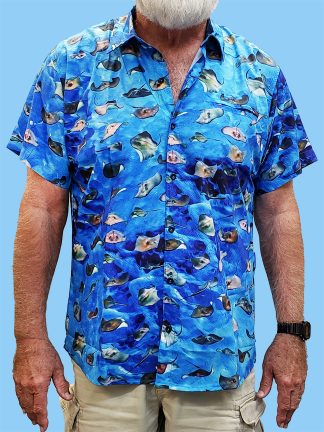 Men's dress shirt with many different stingrays all over the shirt with a light blue ocean background