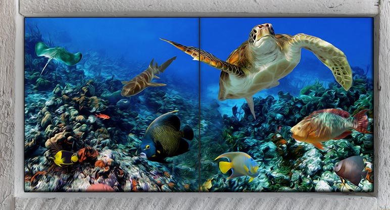 "Deep Blue Sea Oil" 2 Tile Mini Mural