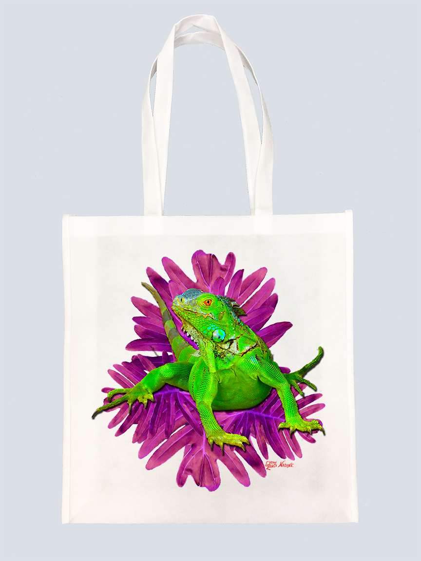 "Iguana with Purple Leaf" Tote Bag