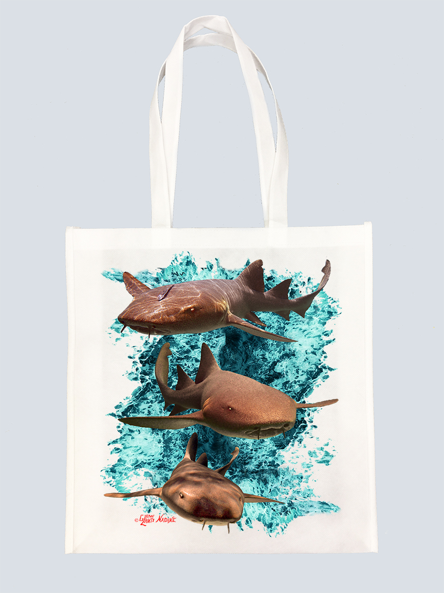 "Nurse Shark Trio with Ocean" Tote Bag
